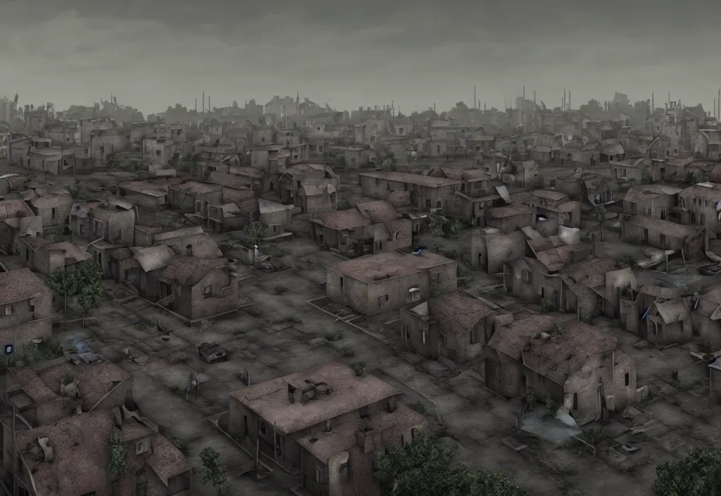 Image similar to dystopian poor village, with decrepit run down houses outside of a much larger town. 8 k, octane render, city in backround, town in foreground, dark, gloomy, sad, polluted