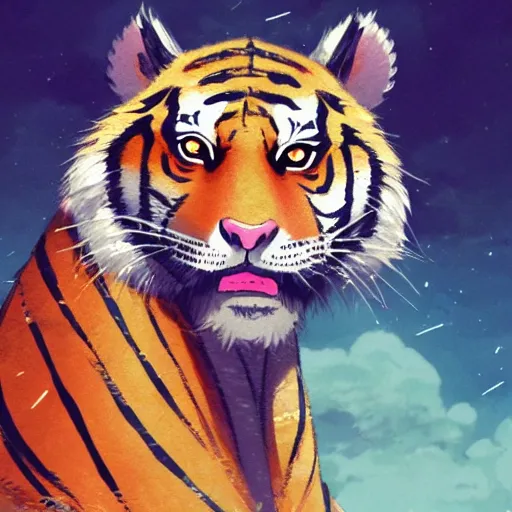 Image similar to a tiger wearing a dress, illustration concept art anime key visual trending pixiv fanbox by wlop and greg rutkowski and makoto shinkai and studio ghibli and kyoto animation symmetrical facial features