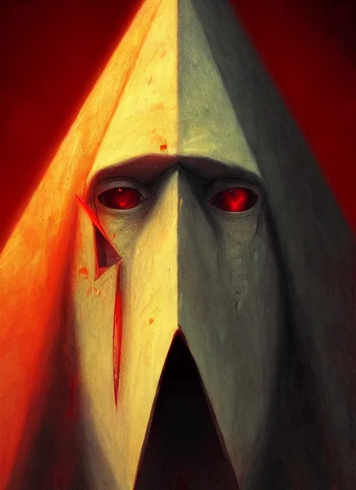 Prompt: A beautiful portrait of pyramidhead triangle one eye with extralong giant forehead looking expecting plush toy, digital art by Eugene de Blaas and Ross Tran, vibrant color scheme, highly detailed, in the style of romanticism, cinematic, artstation, Greg rutkowski