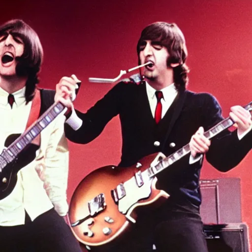 Prompt: the beatles playing death metal music with john lennon screaming into the microphone on stage