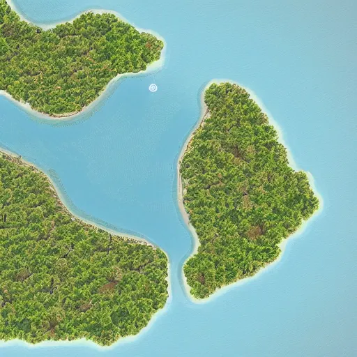 Prompt: birdseye view of two large islands, two medium islands, and one small island, cartographers map