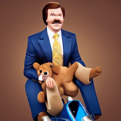 Image similar to ron burgundy smiling riding a dog and drinking chocolate yoo - hoo