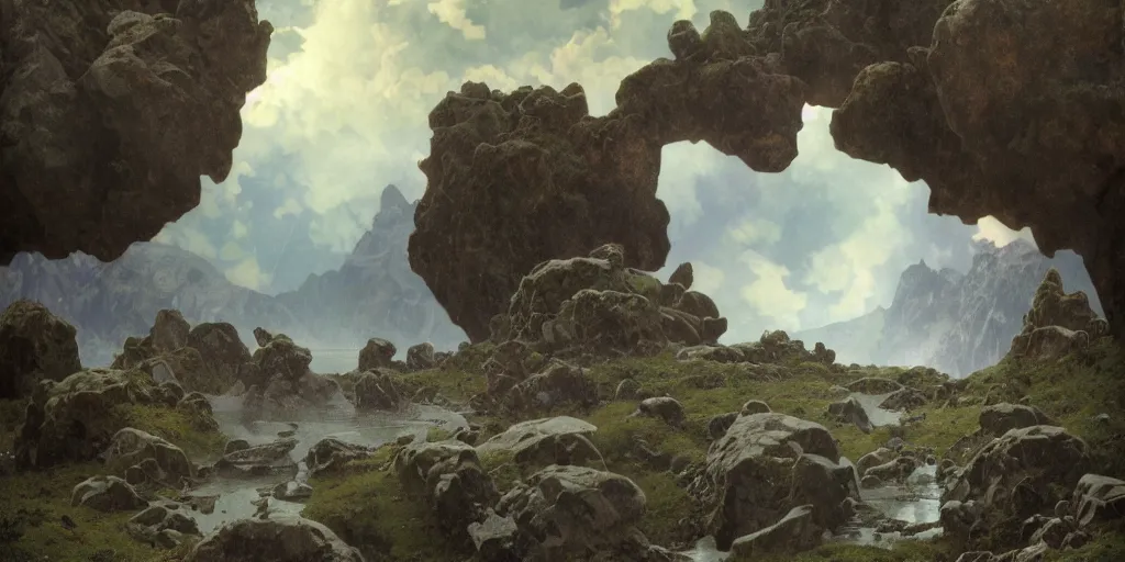 Image similar to photorealistic epic landscape with magically floating rocks, with ominous storm clouds by alphonse mucha and maxfield parrish. strange levitating stones, stones falling from the sky, swirls of mist. occult photorealism, uhd, amazing depth, glowing, volumetric lighting, cinematic lighting.