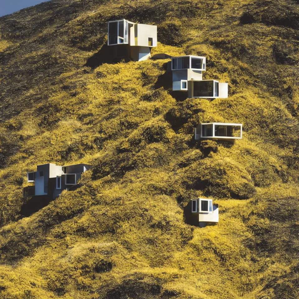 Prompt: a tiny flat horizontal house on a cliff, designed by Frank Gehry. Big tiles. Small wooden pathway . Film grain, cinematic, yellow hue