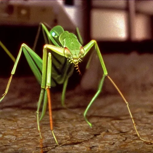 Prompt: a scary filmic wide shot color ground level angle movie still 35mm film photograph of the full body of a dangerous 5 feet praying mantis creature, with multiple mutated snarling drooling human faces with a grotesque variety of human and animal limbs protruding from its lower torso inside a lab, in the style of nature documentary footage, The Thing 1982