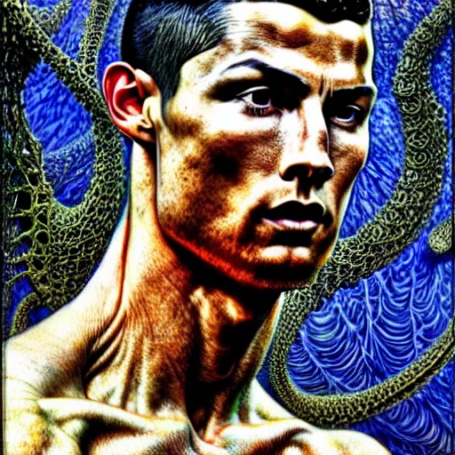 Image similar to detailed realistic beautiful cristiano ronaldo portrait by jean delville, gustave dore, iris van herpen and marco mazzoni, art forms of nature by ernst haeckel, art nouveau, symbolist, visionary, gothic, neo - gothic, pre - raphaelite, fractal lace, intricate alien botanicals, ai biodiversity, surreality, hyperdetailed ultrasharp octane render