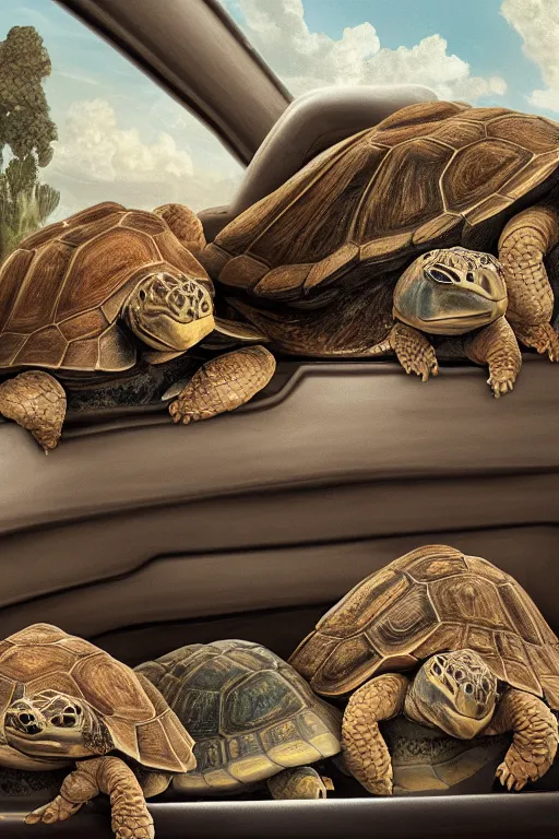 Prompt: tortoise kids crammed in the back of a car, roadtrip, oil on canvas, intricate, 8k highly professionally detailed, HDR, CGsociety