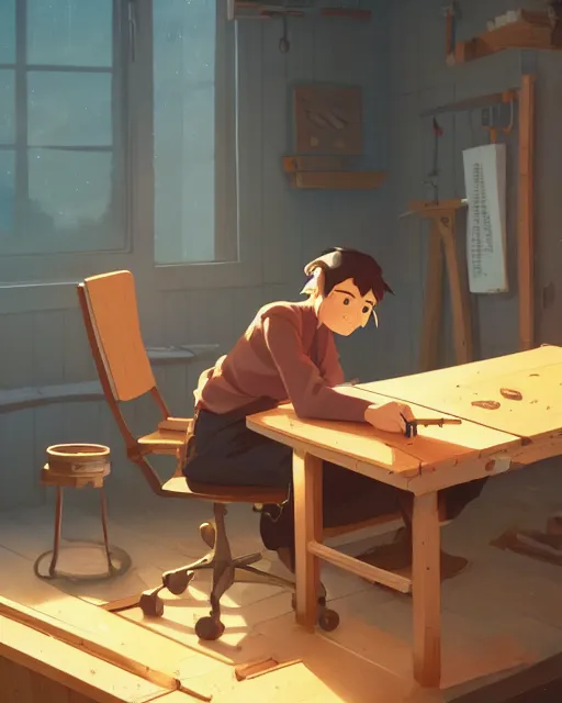 Image similar to woodworker building a new chair on his shop, detailed, cory loftis, james gilleard, atey ghailan, makoto shinkai, goro fujita, studio ghibli, rim light, exquisite lighting, clear focus, very coherent, plain background, soft painting