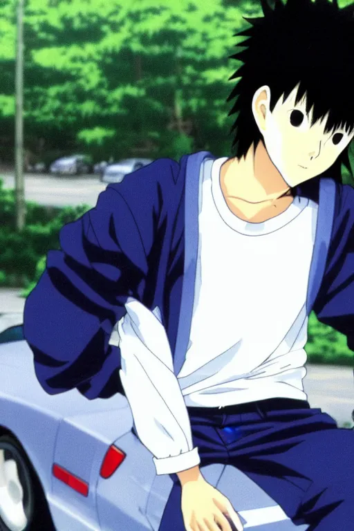 Image similar to very serious ryosuke takahashi with black hair wearing a dark blue shirt and white pants eating a cheeseburger stands leaning on his white mazda, initial d anime screenshot, initial d anime 1 0 8 0 p, detailed anime face, high detail, 9 0 s anime aesthetic