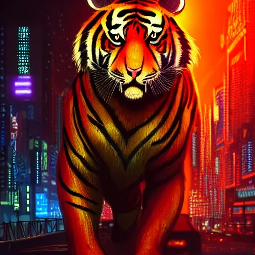 Prompt: a beautfiul award winning commission portrait of an anthro tiger in the neon cyberpunk city at night,wearing a leather jacket,glow effect,detailed face,photorealistic,character design by charles bowater,ross tran,deviantart,artstation,digital art,hyperdetailed,realistoc,western comic style,vfx,dramatic