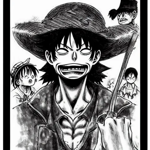 Image similar to [ luffy mustache ] ( by kim jung gi ) ( by kentaro miura ) ( by takao saito ) ( manga concept art )