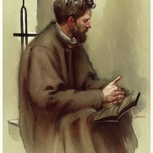 Image similar to (((((1950s chapel with a priest . muted colors.))))) by Jean-Baptiste Monge !!!!!!!!!!!!!!!!!!!!!!!!!!!