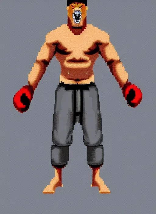 Image similar to full body shot. antropomorphic muscular masculine furr wolf. kickboxer, in sport pants. wolf head. grey furr on body. 8 bit nes graphics, sharp, pixelate