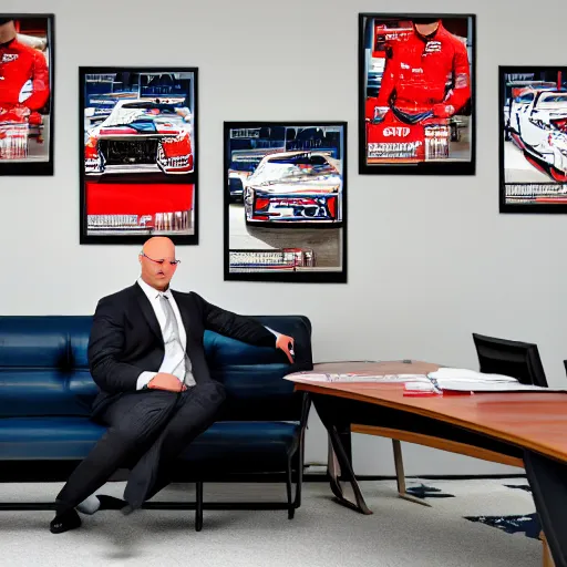 Prompt: cinematic shot of a bald white guy wearing a suit sitting in an office with NASCAR posters portraying Dale Earnhardt Jr covering the walls of the room, 8k, very intricate, very detailed,