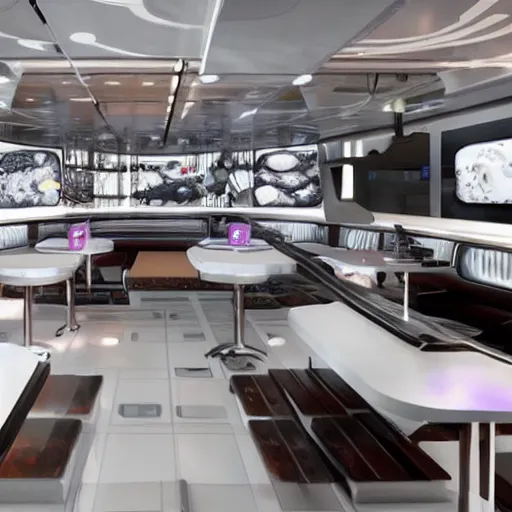 Prompt: futuristic fast food restaurant and drive through designed for space ships