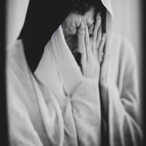 Prompt: 55mm photo of a shrouded sobbing woman praying the rosary