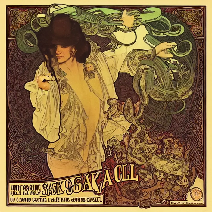 Prompt: album cover for the Johnny Cash and Snake Oil colab record. Snake oil, quackery, folk medicine, scamming, beautiful album cover with no text, artwork by Alphonse Mucha, snake oil