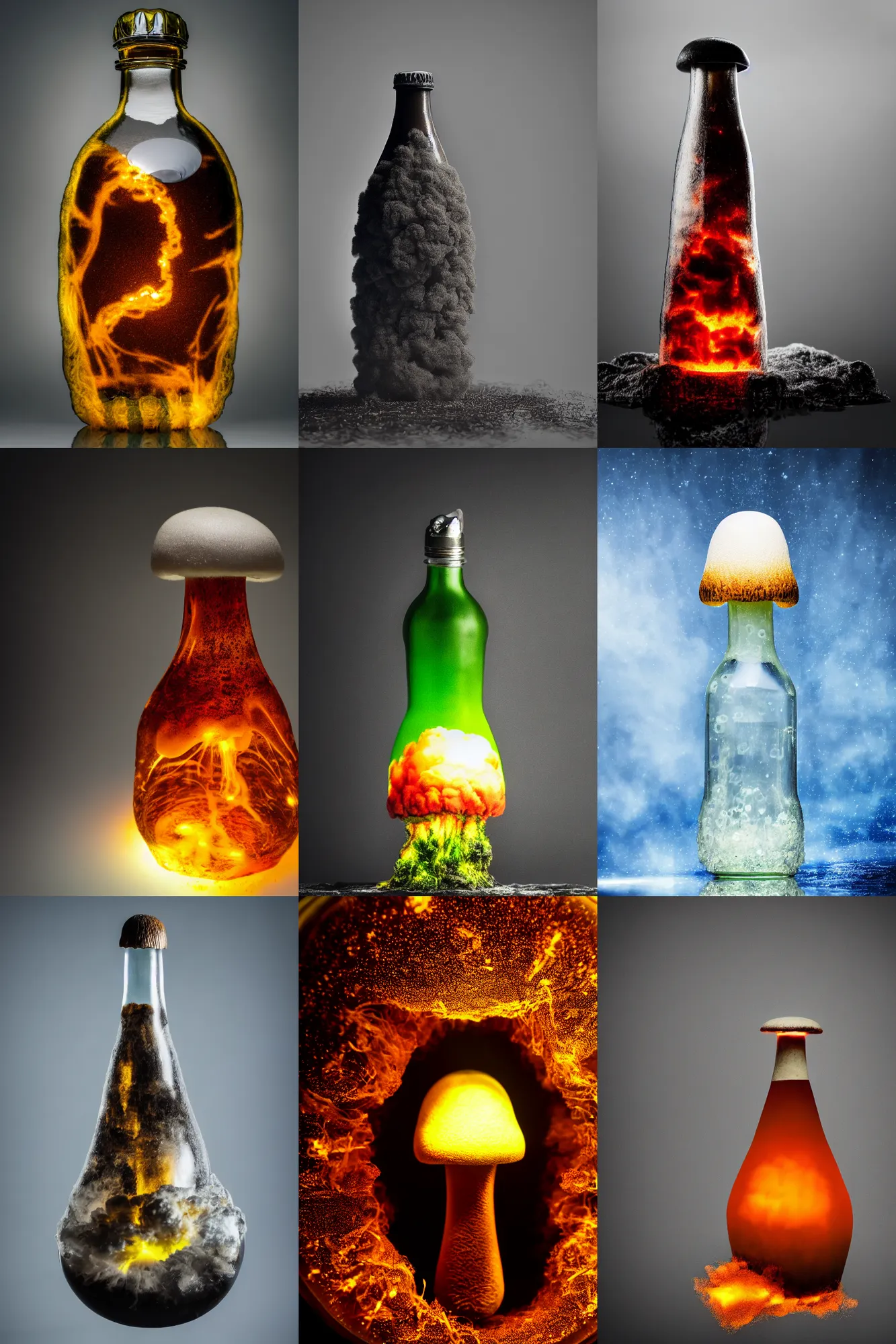Prompt: a nuclear mushroom cloud inside of a bottle, studio photography, 4 k, high quality