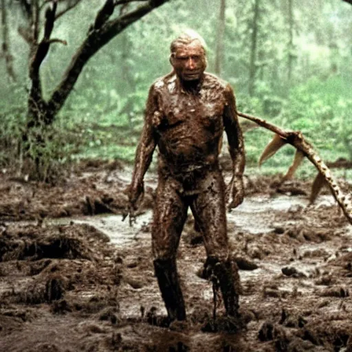 Prompt: cinematic still of sir david attenborough, covered in mud and watching a predator in a swamp in 1 9 8 7 movie predator hd, 4 k