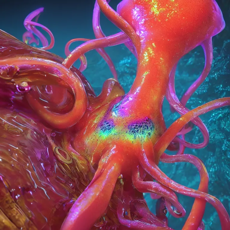 Image similar to octane render portrait by wayne barlow and carlo crivelli and glenn fabry, a shiny glowing colorful deep ocean mariana trench fish squid octopus jellyfish creature made out inflated clear iridescent plastic and bioluminescence, cinema 4 d, ray traced lighting, very short depth of field, bokeh