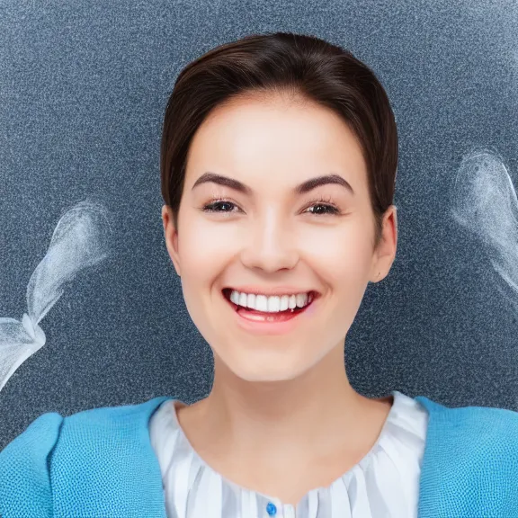 Image similar to portrait of 2 5 - year - old business woman with angle 1 0 0 ° centred looking away breading fresh air, strong spirit and look happy, background soft blue gradian