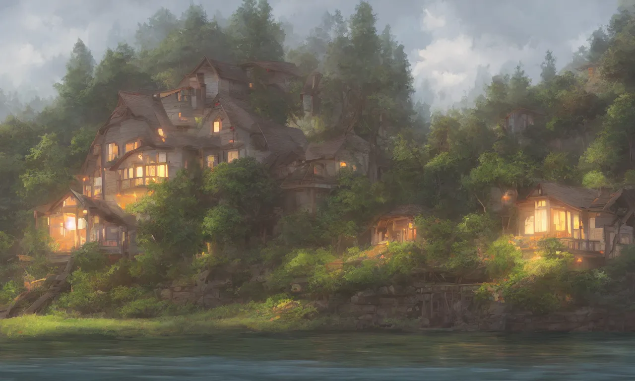 Prompt: house by lake, trending on artstation, by Noah Bradley