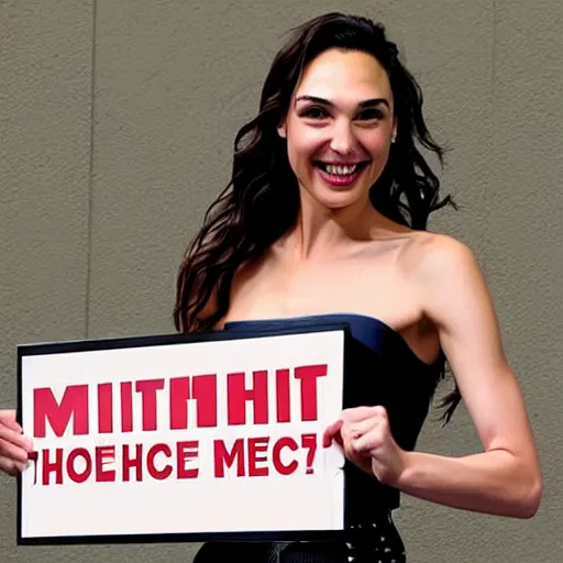 Image similar to Gal Gadot holding a sign that says M I T C H I E P O O !!!! as painted by Ralph Horsley