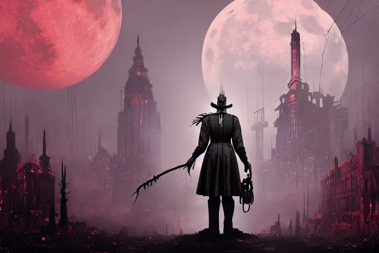 Image similar to an ultra matte painting of a big daddy from bioshock in the style of bloodborne, bioshock, concept art by alphonse mucha and greg rutkowski, scary shadows, blood moon eclipse, octane render, liminal space