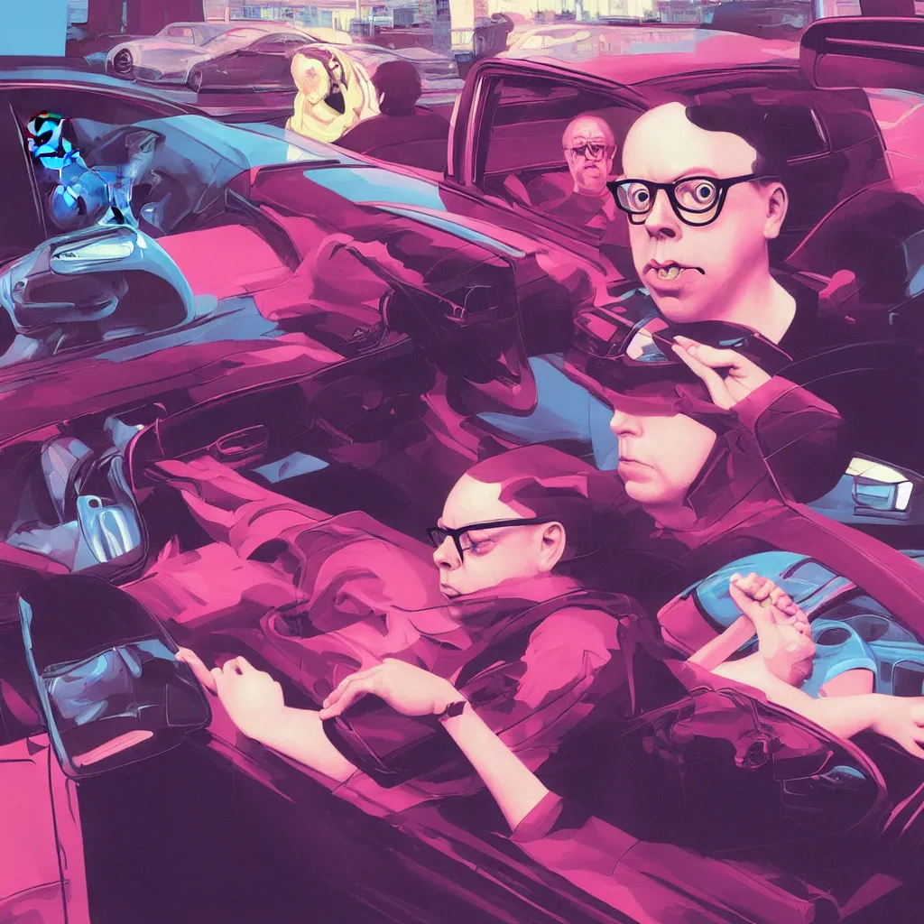 Image similar to weird and disturbing portrait of todd solondz driving a car in new york, vivid colors, death, neon, art by ( ( ( kuvshinov ilya ) ) ) and wayne barlowe and francis bacon and artgerm and wlop and william - adolphe bouguereau