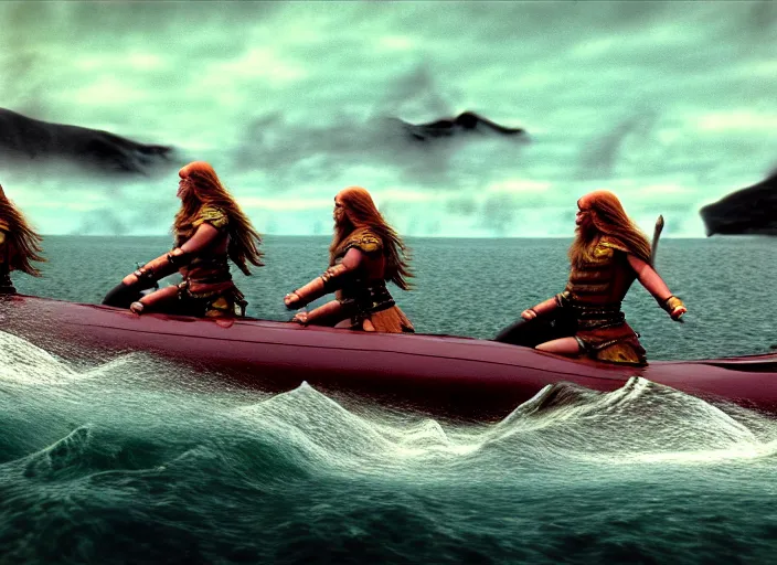 Image similar to photo of beautiful angry viking women in speed boats invading scottland, by richard corben by william eggleston by annie leibovitz, fujifilm velvia 5 0. masterpiece. intricate, hyper realism, high detail, octane render, unreal engine, 8 k, by katsuhiro otomo