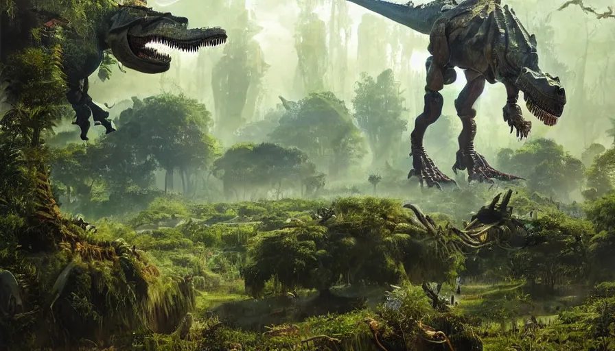 Prompt: A machinated dinosaur hybrid of a BEHEMOTH strolling along a lush green forest from the playstation 5 game Horizon:Zero Dawn world, the T-Rex is part machine part dinosaur, sci-fi concept art, highly detailed, oil on canvas by James Gurney