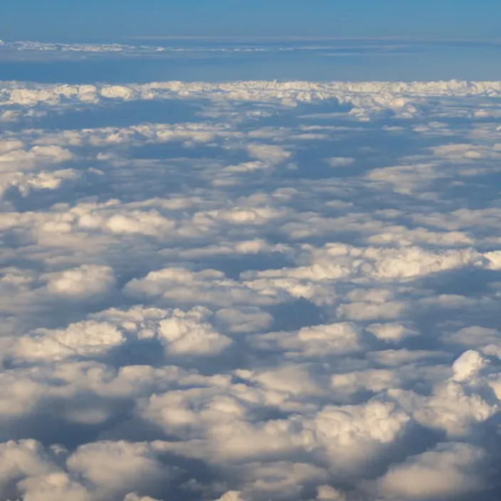 Image similar to Endless clouds towering high, seen from a plane, no ground visible, very detailed, 8k resolution, pale yellow hue with brown shadows