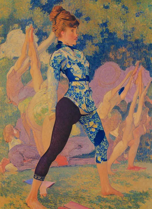 Prompt: an art nouveau painting poster of a girl doing yoga with a futuristic kimono and leggins in middle of a landscape by norman rockwell and monet