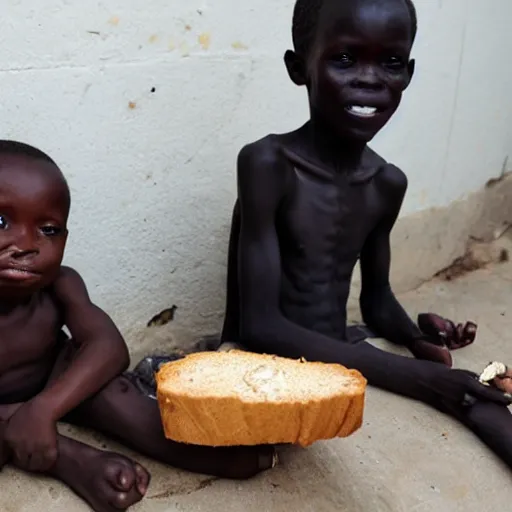 Prompt: photo of a malnourished ugandan boy sharing bread with a blond american