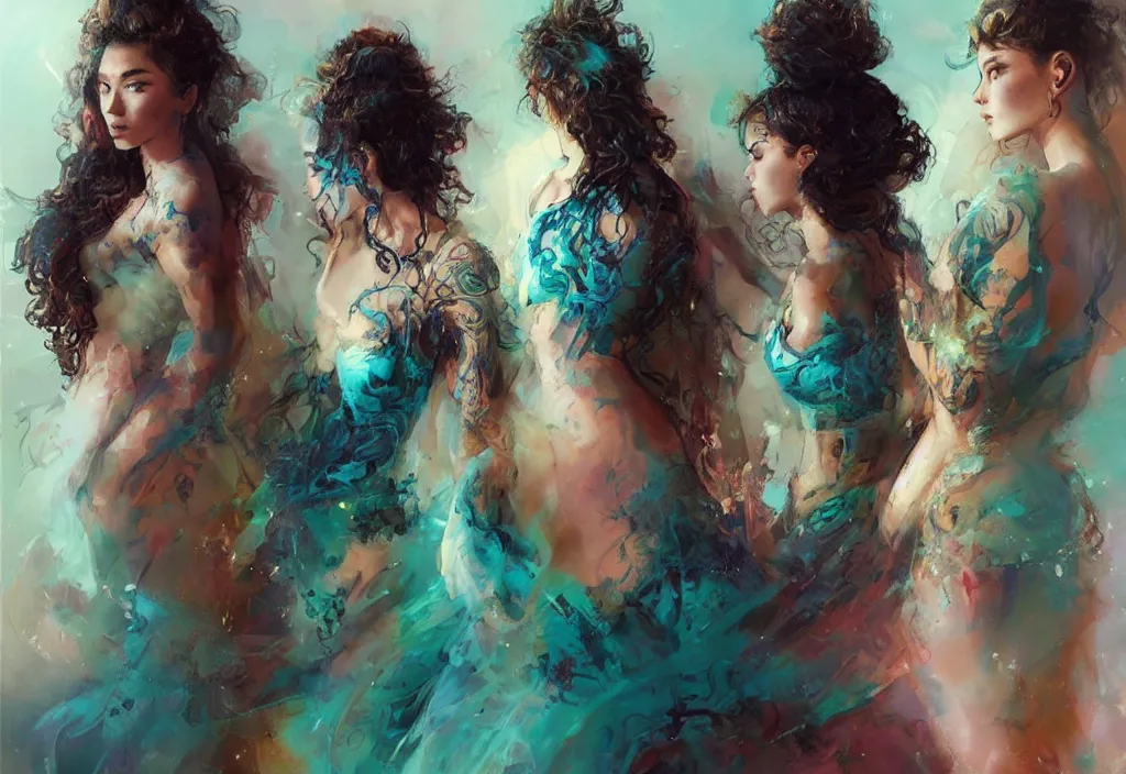 Image similar to full body portrait of a trio of 1 9 years old girl figures, curly messy high bun hairstyle, oriental tattoos, jewelry, subject wearing a high fashion gown, flowing, beautiful, dramatic, cinematic lighting, highly detailed, few vivid turquoise highlights, by ross tran and jeremy mann, artstation, pixiv