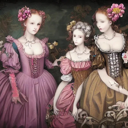 Image similar to 8k, realism, renaissance, rococo, baroque, group of creepy young ladies wearing renaissance long harajuku manga dress with flowers and skulls, background chaotic flowers