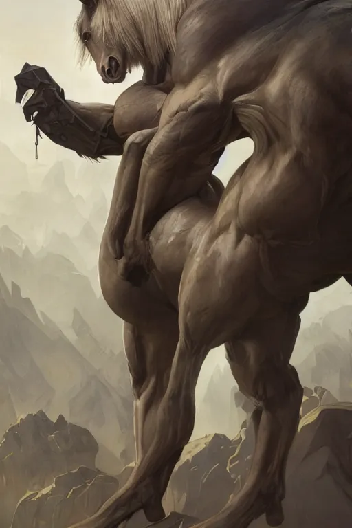 Prompt: a monstrously buff anthro horse whose physique is bursting with muscle wearing a high - tech tactical bodysuit, test subject, full body, sci - fi, highly detailed, digital painting, artstation, concept art, sharp focus, illustration, art by artgerm and greg rutkowski and alphonse mucha