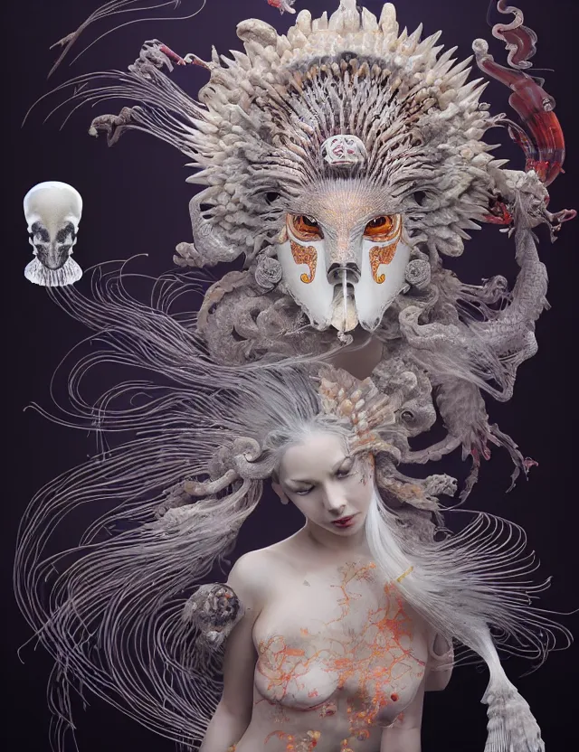 Image similar to 3 d goddess bottom - up with ram skull. beautiful intricately detailed japanese crow kitsune mask and clasical japanese kimono. betta fish, jellyfish phoenix, bio luminescent, plasma, ice, water, wind, creature, artwork by tooth wu and wlop and beeple and greg rutkowski