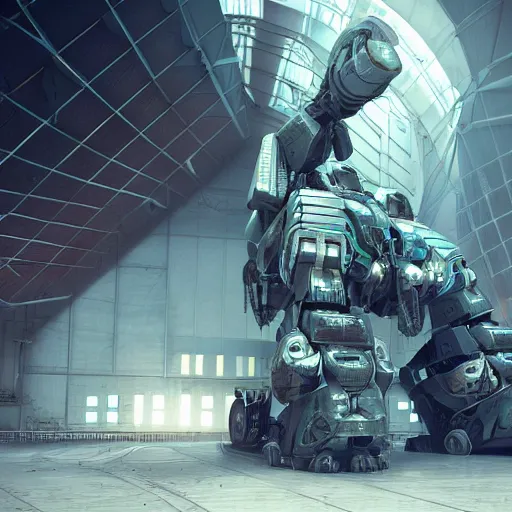 Image similar to a photorealistic 3D artwork of a huge mech standing inside a moody, cluttered hangar of a sci fi space station, 8K image, trending on art station, award winning sci fi work, octane render, hard surface