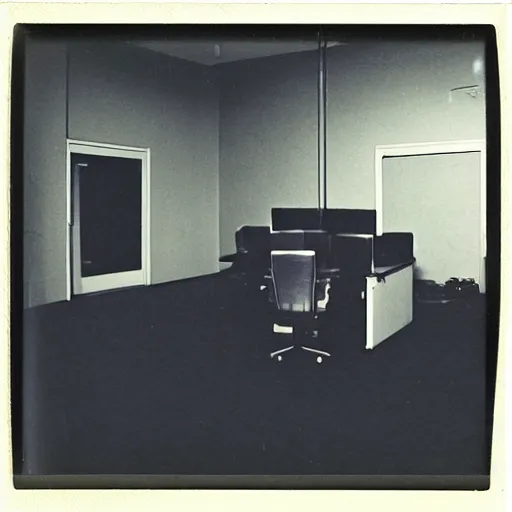 Prompt: Creepy liminal infinite office space, old polaroid, photograph