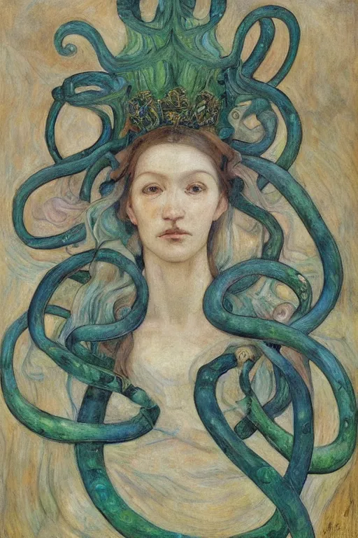 Image similar to the tentacle crown,by Annie Swynnerton and Diego Rivera, symbolist, dramatic lighting, elaborate geometric ornament, Art Brut, bioluminescent, soft blues and greens,smooth, sharp focus, extremely detailed, Adolf Wölfli