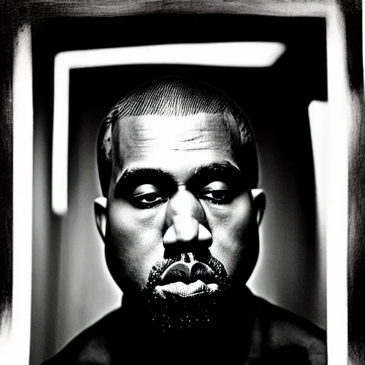 Image similar to a chiaroscuro lighting portrait of kanye west dressed as rick owens, black background, portrait by julia margaret cameron, shallow depth of field, 8 0 mm, f 1. 8