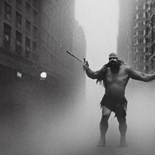 Image similar to old black and white photo, 1 9 1 3, depicting a techno viking shaman rampaging through the bustling streets of new york city, historical record, volumetric fog