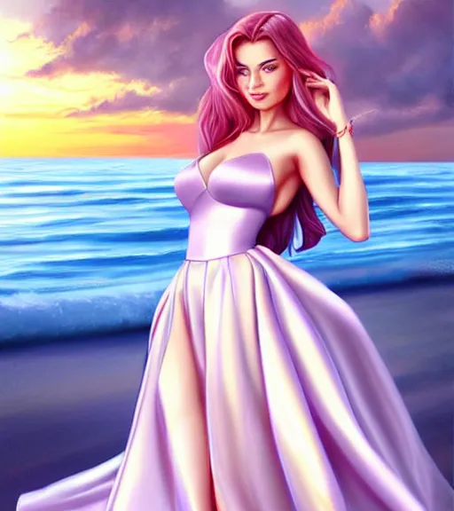 Image similar to beautiful princess in a satin dress on the beach drawn by artgerm