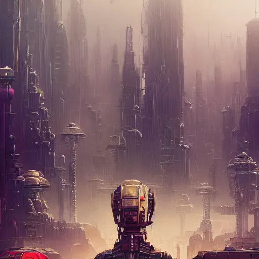 Image similar to sci-fi retro style wasteland city full of retro robots planet full of junk atmosferic cloudy rainy foggy beutiful surface digital painting, artstation, concept art, soft light, hdri, smooth, sharp focus, illustration, fantasy, intricate, elegant, highly detailed, D&D, matte painting, in the style of Greg Rutkowski and Alphonse Mucha and artemisia, 8k, highly detailed, jurgens, rutkowski, bouguereau, pastoral, rustic, georgic