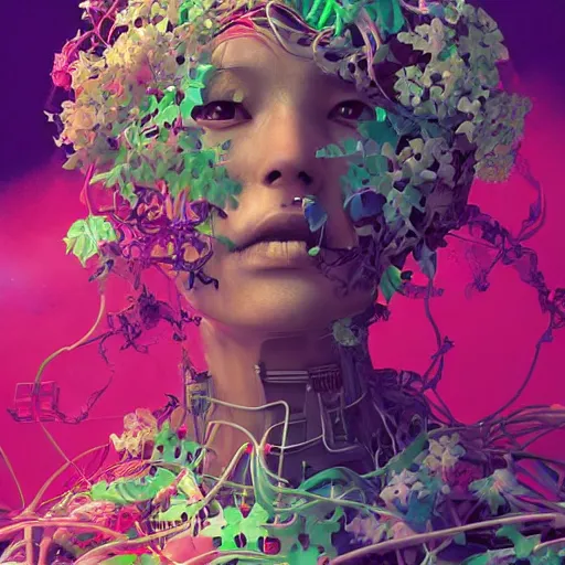 Image similar to colourful vfx art - portrait of mecha robot wrapped in flowers & vines, art by hsiao - ron cheng & james jean, volumetric light, colourful, sharp, detailed, digital painting, illustration, illustration, highly detailed, intricate detail, unreal engine, octae render, pinterest, behance, art station,