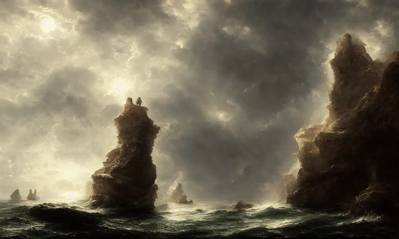 Prompt: the steep cliffs presented a danger to all ships that sailed near. andreas achenbach, artgerm, mikko lagerstedt, zack snyder, tokujin yoshioka