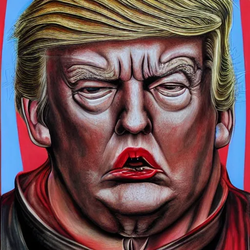 Image similar to h. r. giger donald trump painting, hyperdetailed, photorealistic, 4 k