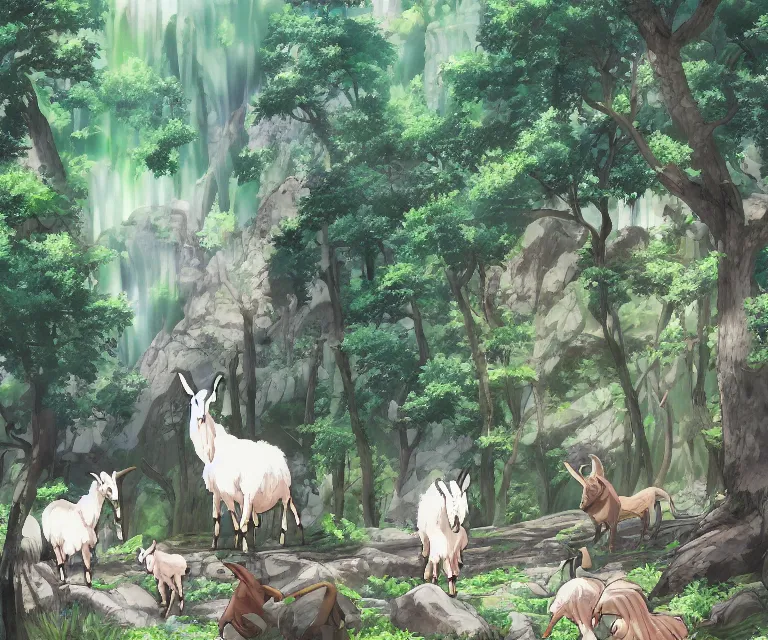 Image similar to goat in a forest, anime fantasy illustration by tomoyuki yamasaki, kyoto studio, madhouse, ufotable, comixwave films, trending on artstation