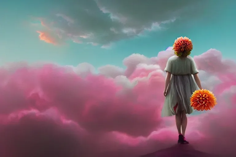 Image similar to giant dahlia flower crown under head, girl walking on mountain, surreal photography, pink storm clouds, dramatic light, impressionist painting, digital painting, artstation, simon stalenhag